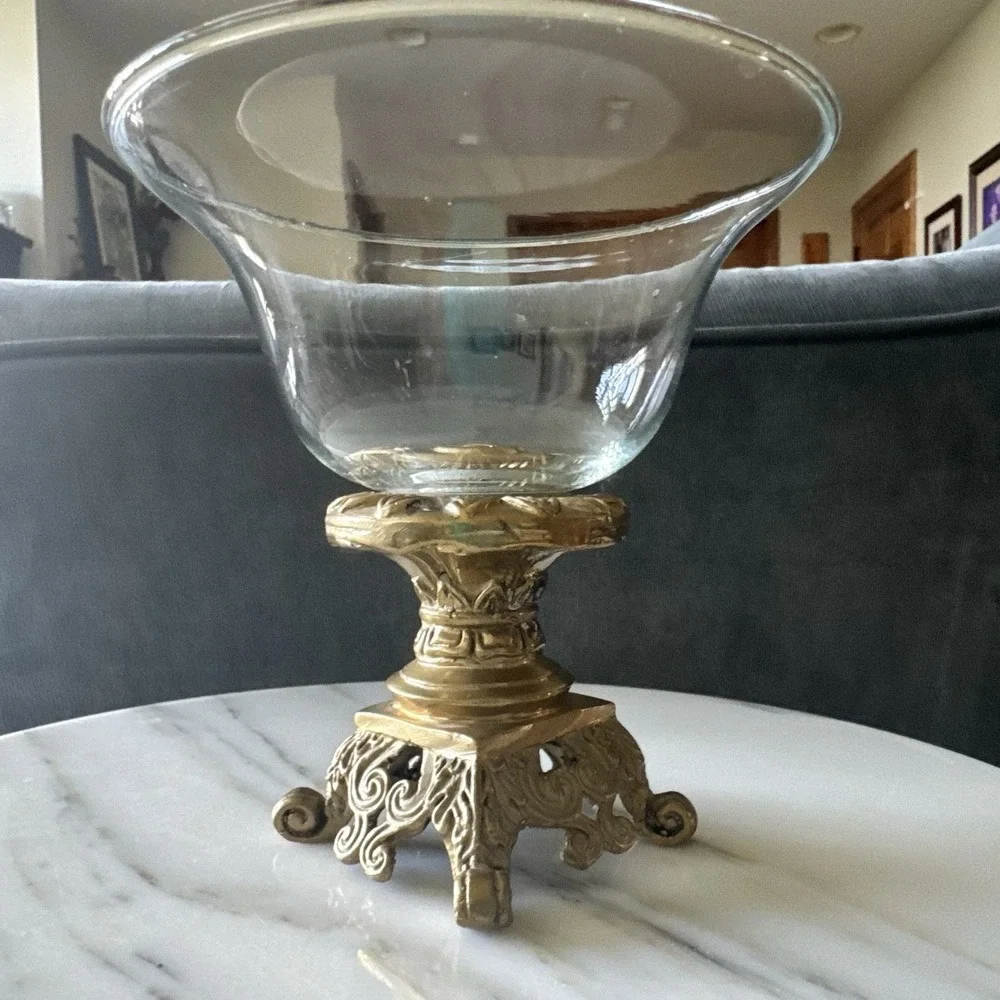 Vintage Glass Bowl ~ Brass Pedestal ~ Decorative Compote Bowl ~ Candy Dish